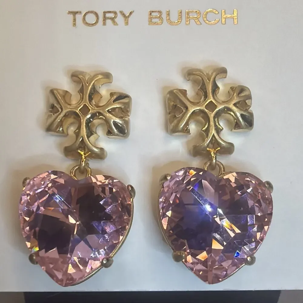 Tory Burch Kira Carved Heart Drop Earrings Gold & Pink New on Card Dust Pouch